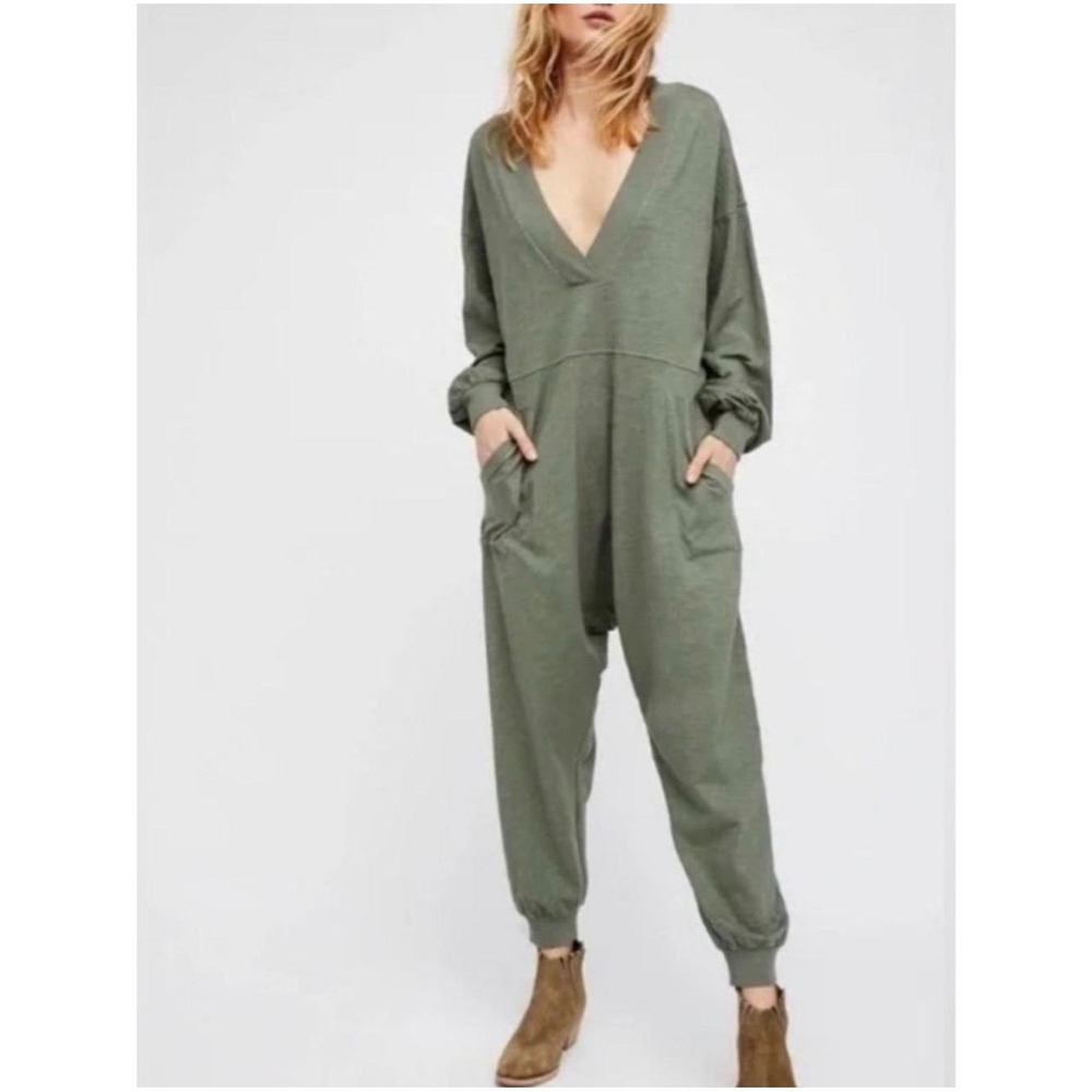 Intimately Free People Olive Green Slub Knit V-Neck Maxi Dress Small 0551